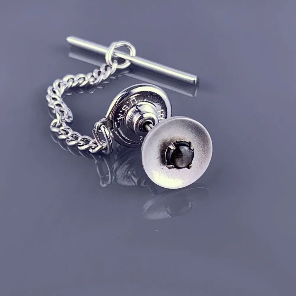 Black Star Sapphire 1/20 12k Gold Filled Tie Tack Pin Silver Round Vintage
